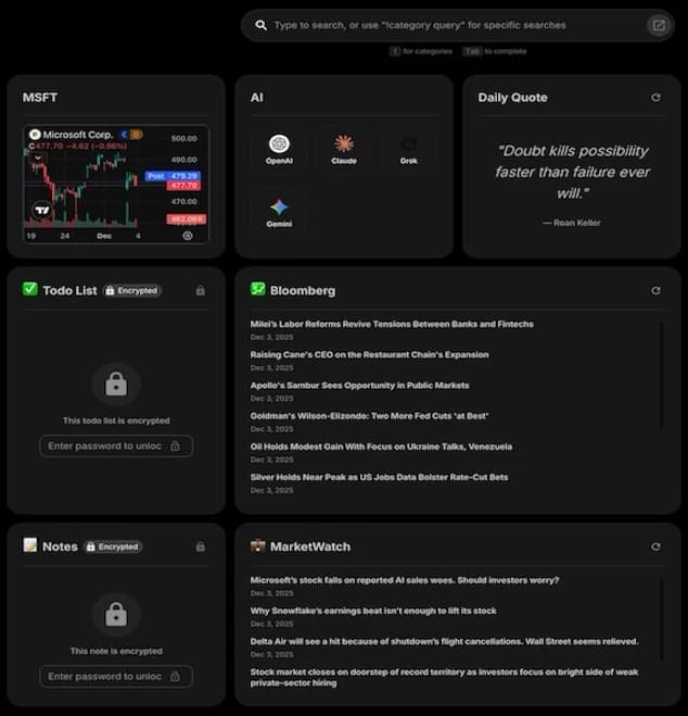 Dashly's dark dashboard widgets, cropped to exclude the personal greeting and weather location.
