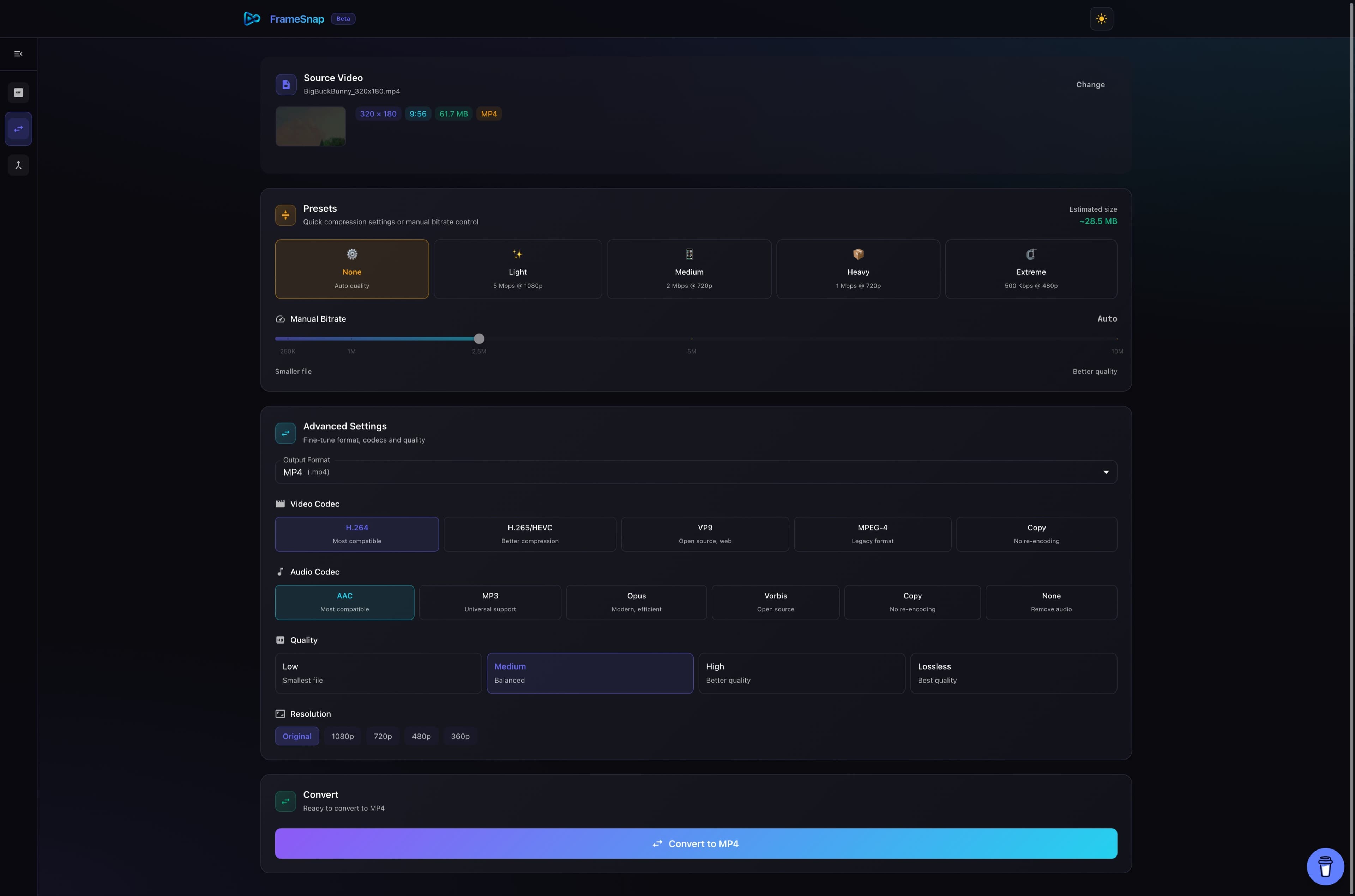 FrameSnap's browser-based video conversion interface.
