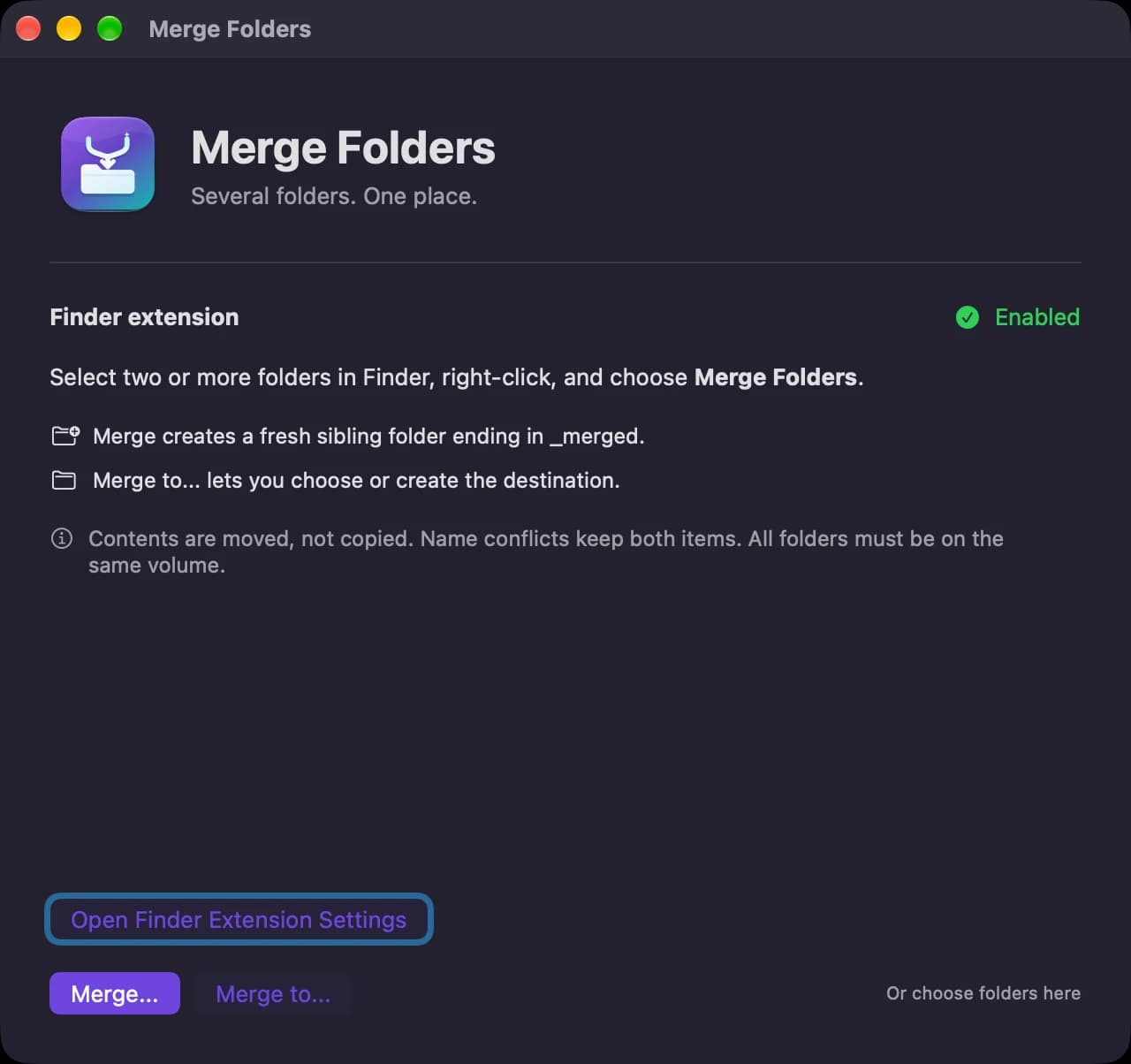 Merge Folders' native setup window with its Finder extension and merge controls.