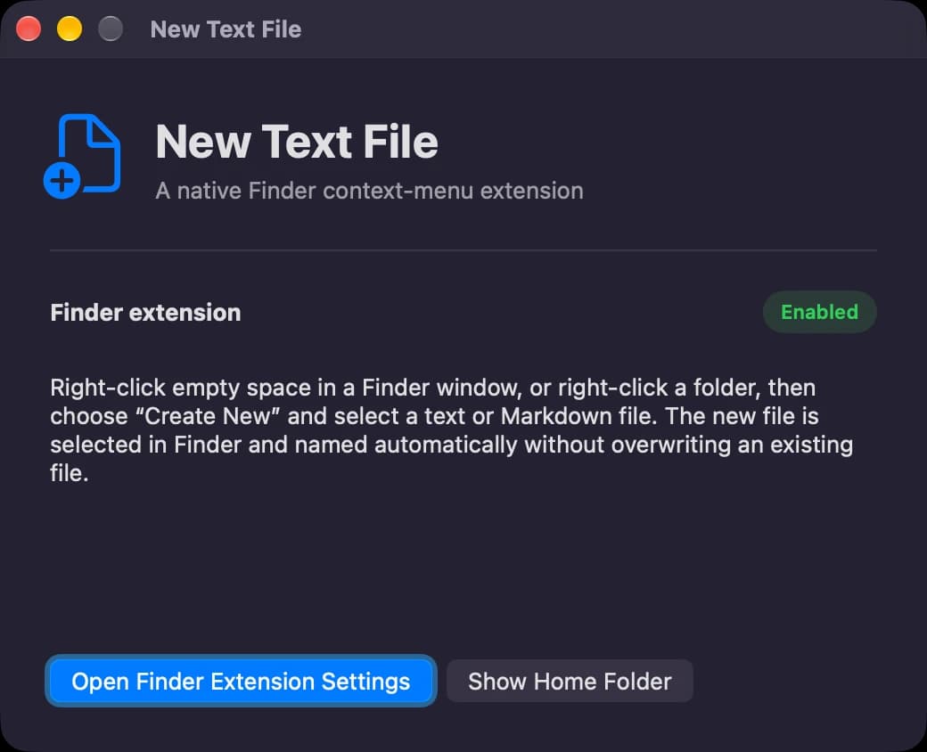 New Text File's native setup window with its Finder extension enabled.