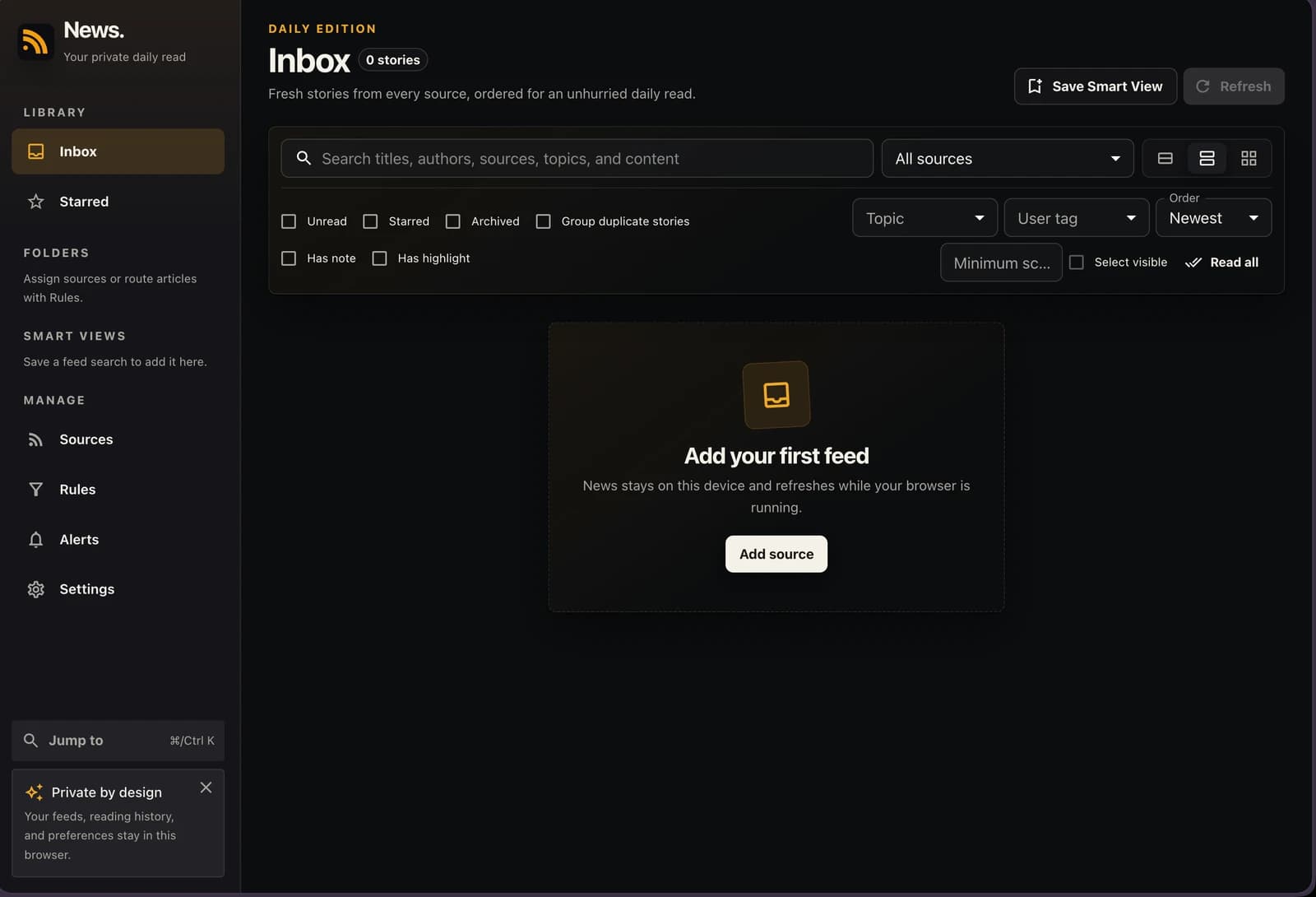 News. 1.0.0's actual full-page inbox before adding a feed, with library navigation and reading filters.