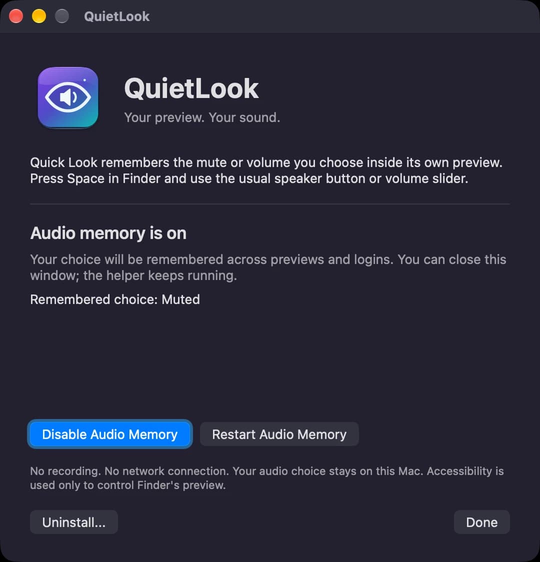 QuietLook 1.2.1's native setup window with audio memory enabled and a remembered mute choice.