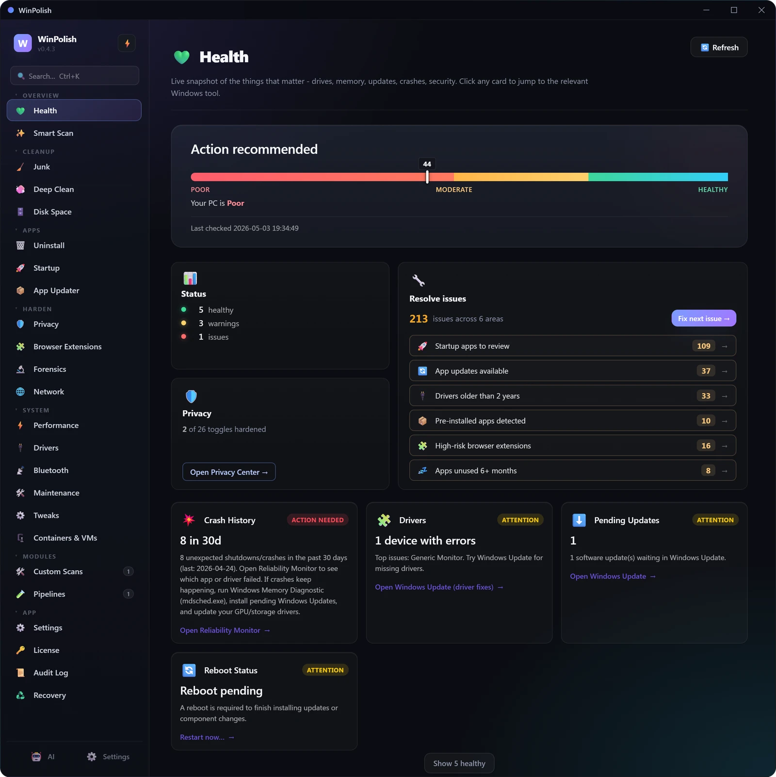 WinPolish's Health dashboard, from its published version 0.4.3 screenshot.