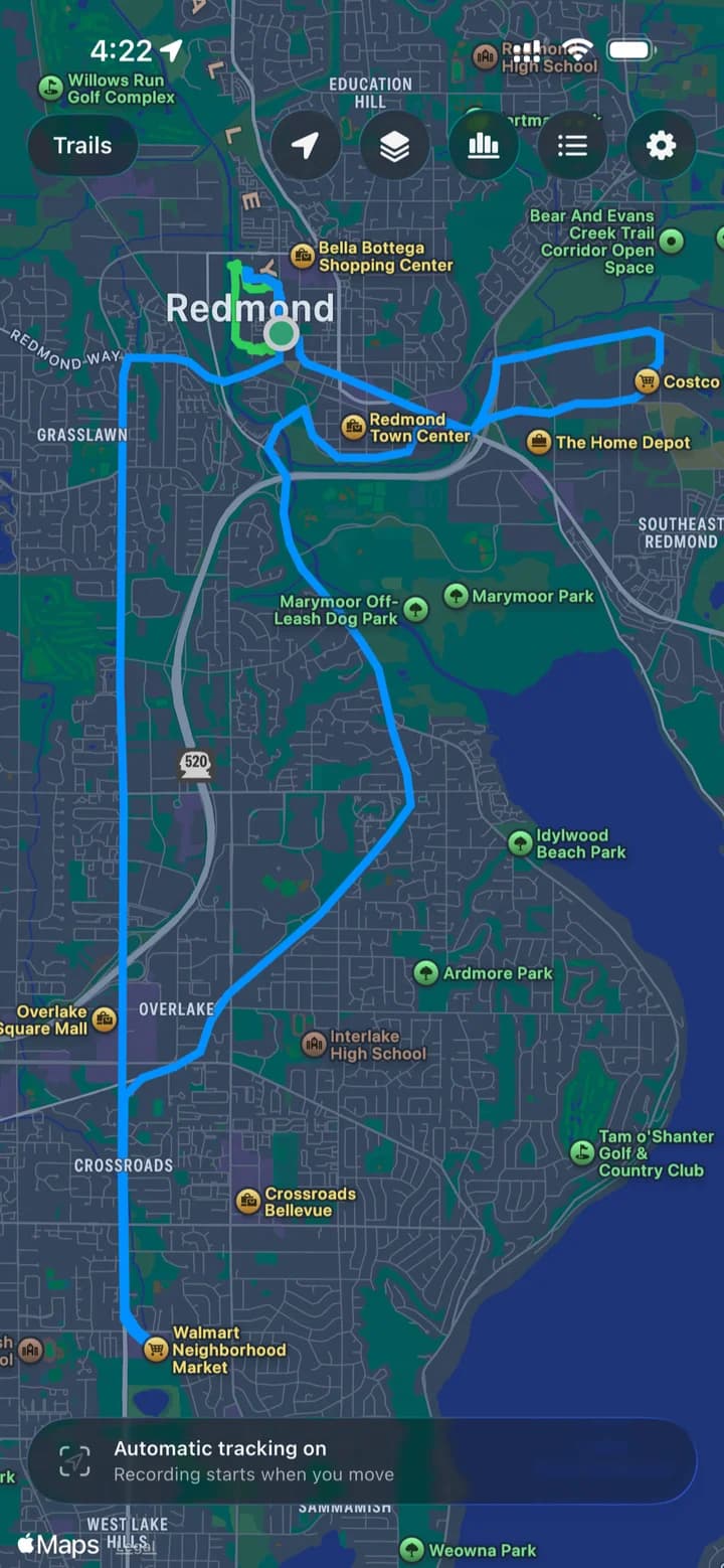 Trails' map view with recorded routes and automatic tracking controls, from its App Store listing.