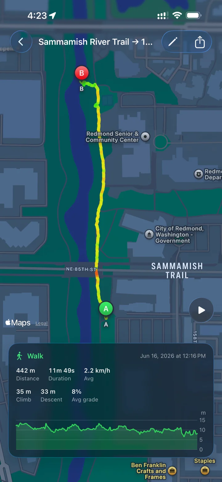 Trails' trip detail view with route replay, walking statistics, and an elevation profile, from its App Store listing.